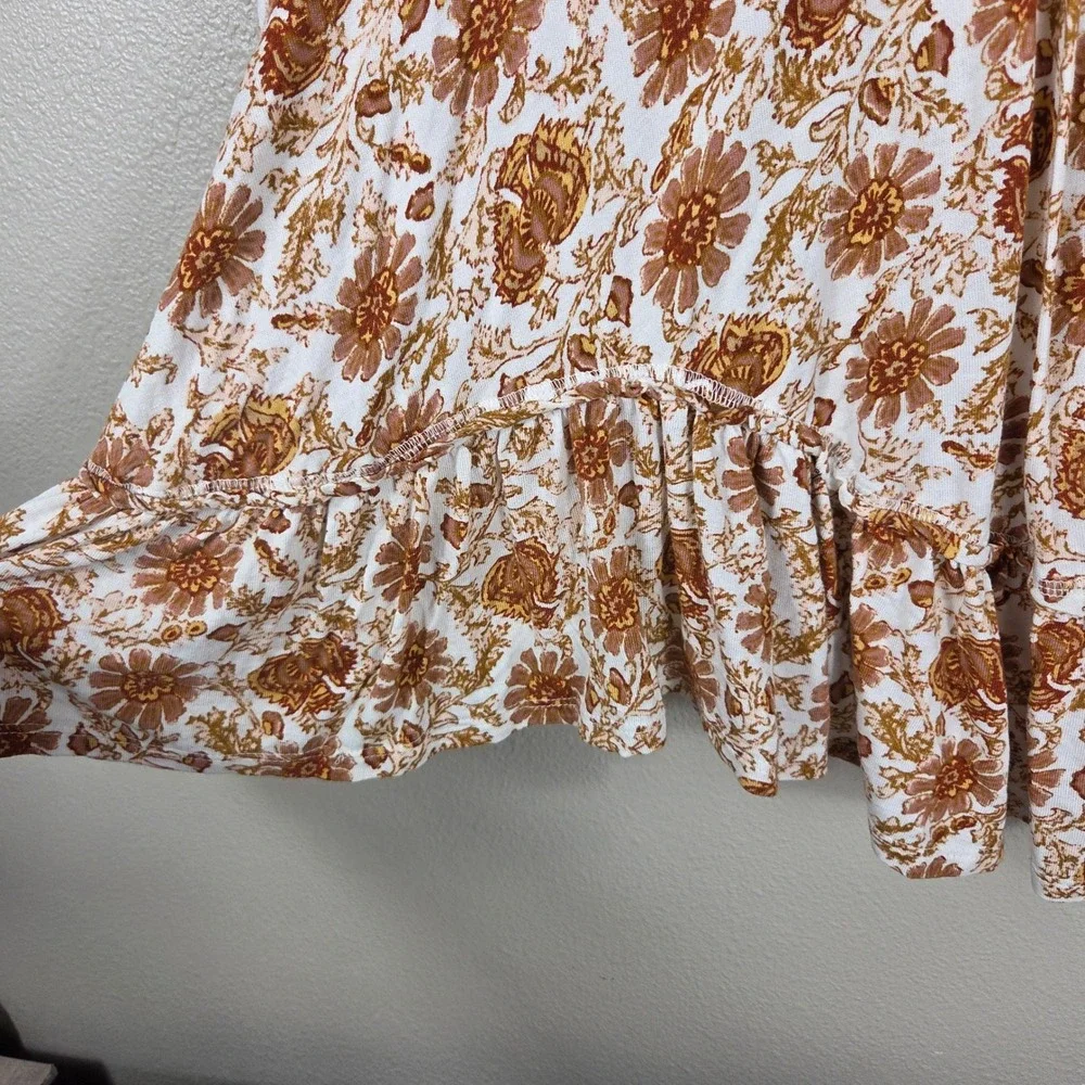 Free People Floral Tunic Top Womens S Boho Bell Sleeve Ruffle Hem Brown